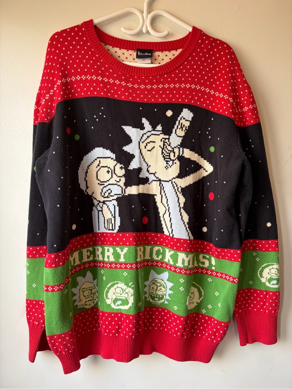Rick and Morty 'Merry Rickmas' Crewneck Holiday Sweater - Red Black Green